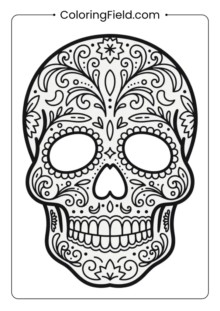 Sugar skull delight coloring page featuring a detailed Day of the Dead skull decorated with flowers and ornate patterns.