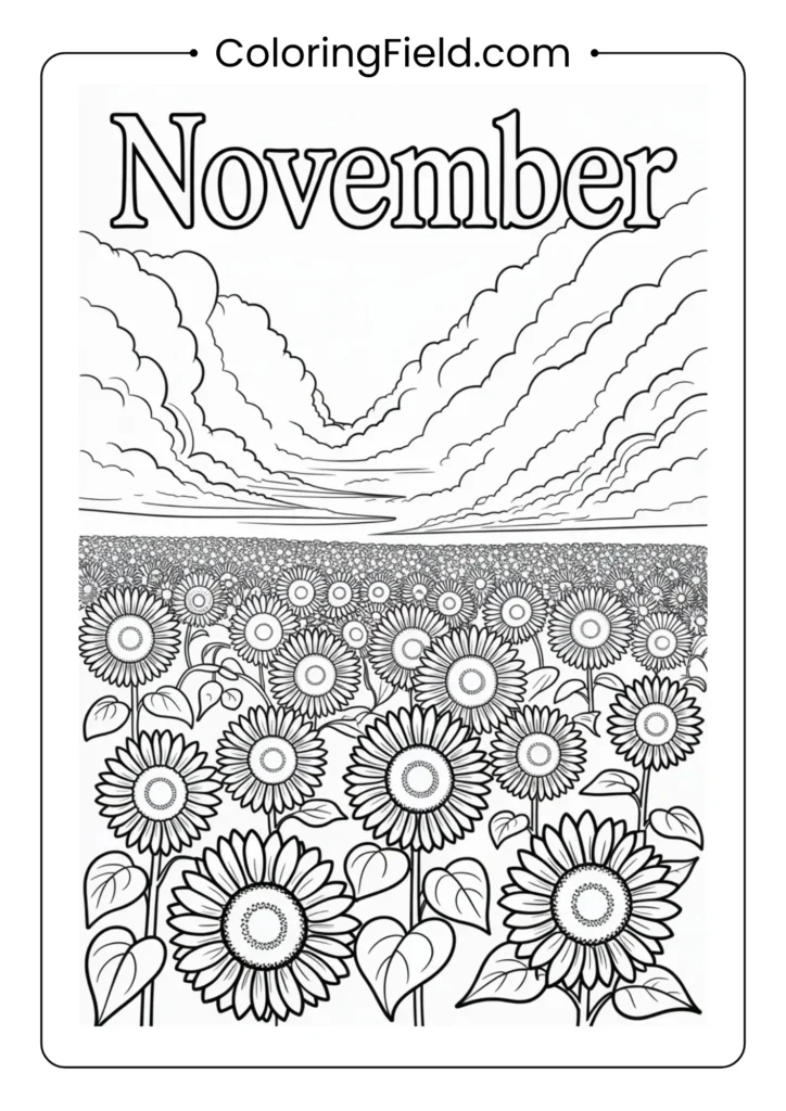 Sunflower field under a cloudy sky coloring page featuring tall blooming sunflowers swaying beneath soft drifting clouds.