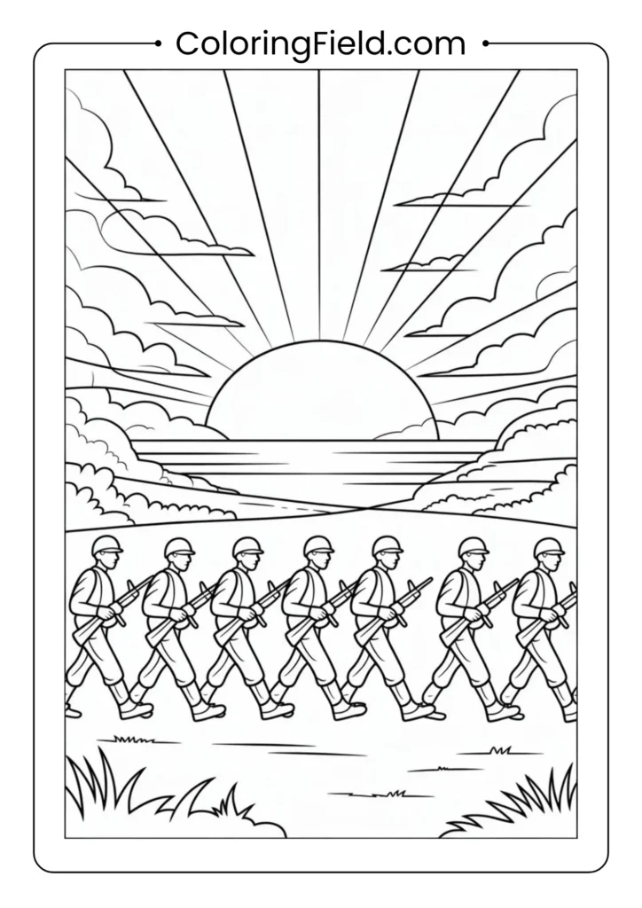 Sunset scene behind marching soldiers’ silhouettes coloring page featuring a row of soldiers walking in unison with a glowing sunset in the background.