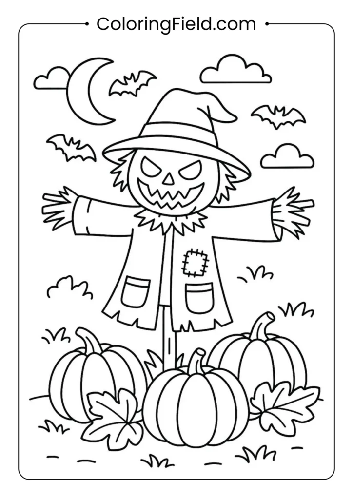 Terrifying scarecrow coloring page featuring a spooky scarecrow with tattered clothes and a creepy pumpkin head in a haunted field.