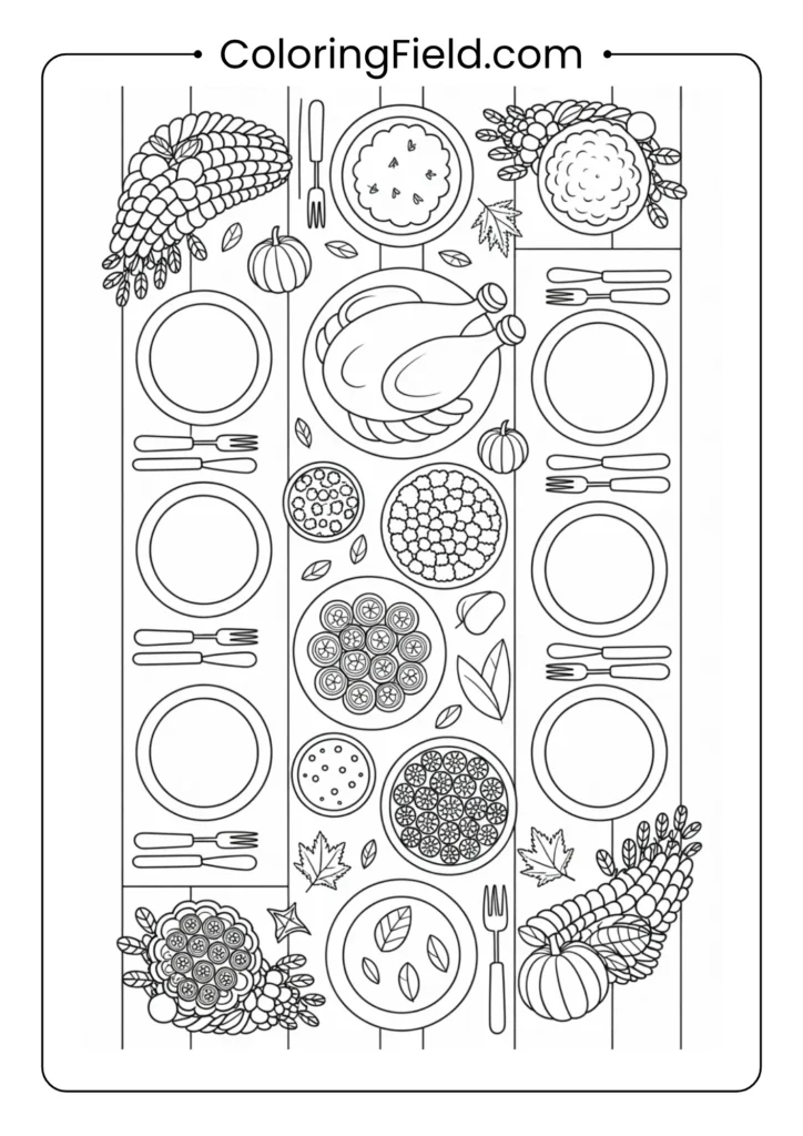 Thanksgiving feast table coloring page featuring a large table filled with turkey, pies, fruits, and other traditional holiday dishes.