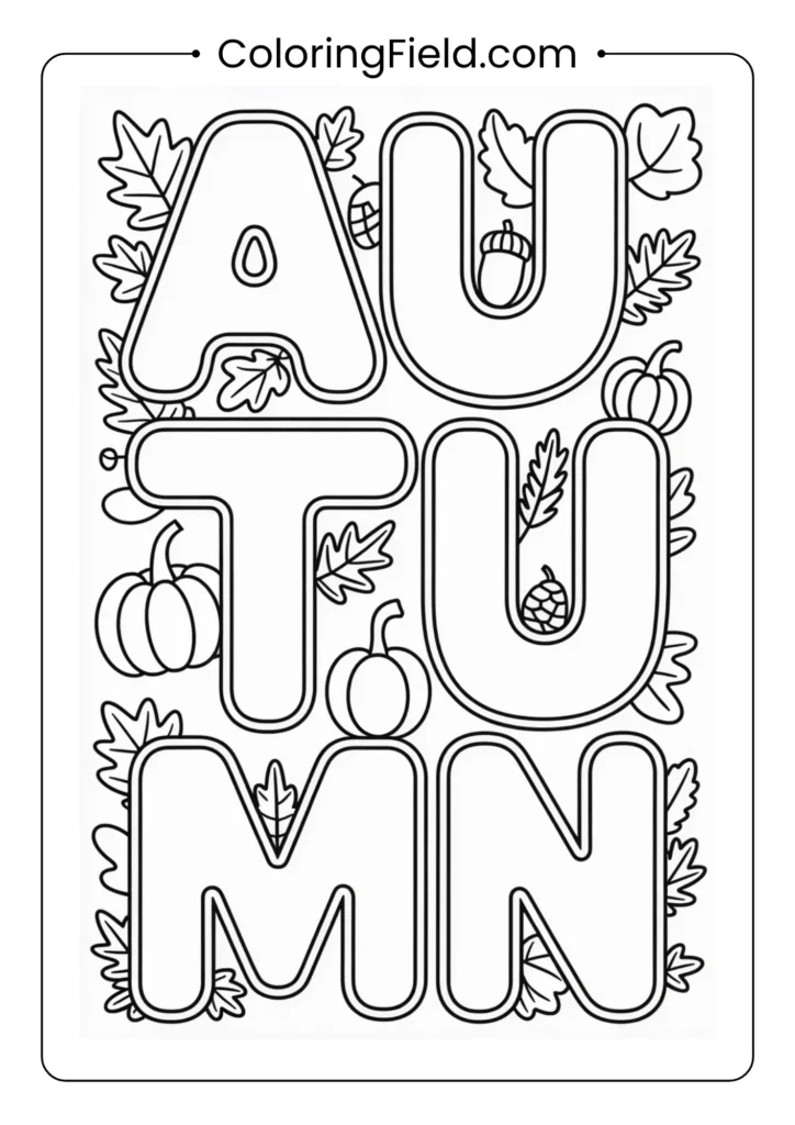 Trace the word “Autumn” coloring page featuring dotted letters of the word “Autumn” for children to trace and color, surrounded by simple fall-themed decorations.