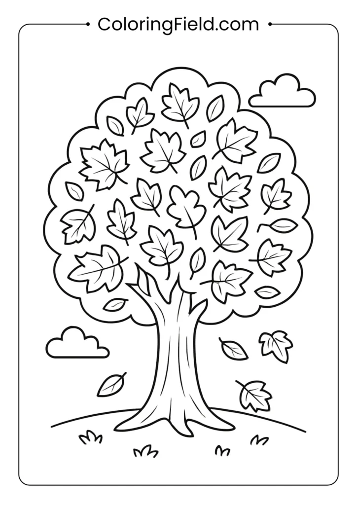 Tree canopy in fall colors coloring page featuring tall trees with leaves in beautiful autumn shades.