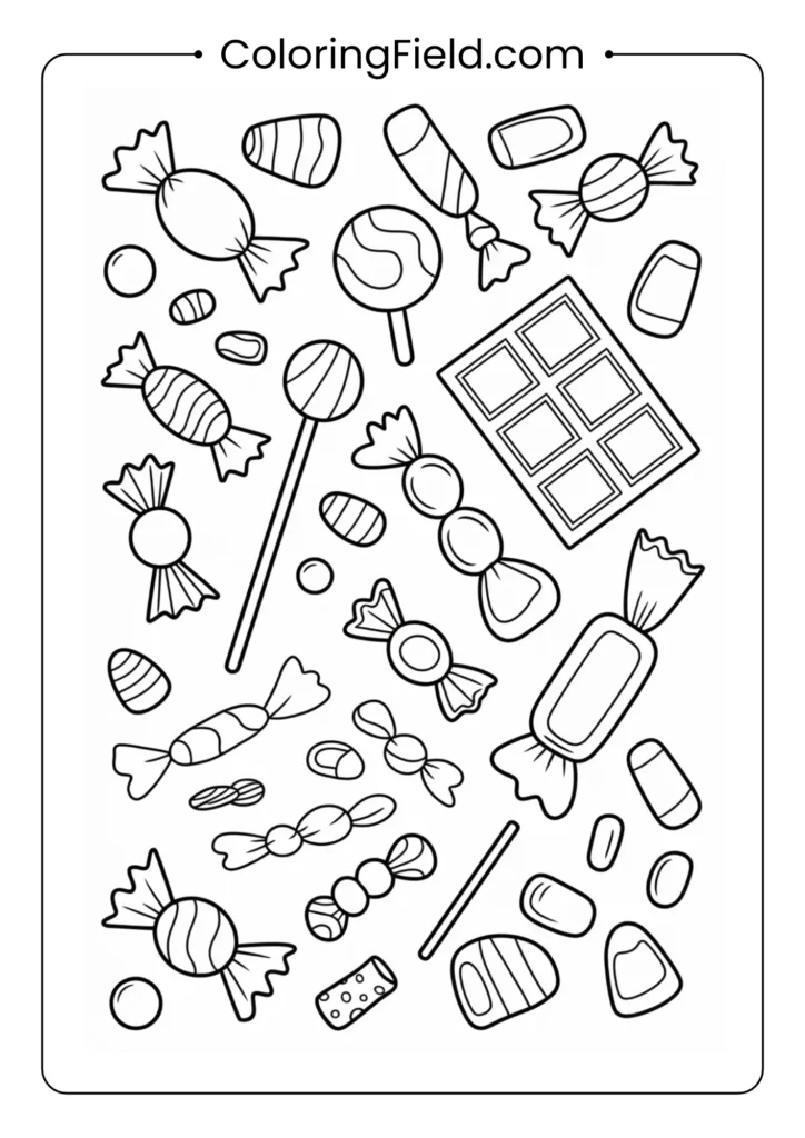 Trick-or-treat candy mix coloring page featuring a pile of Halloween sweets like lollipops, candy corn, and chocolates.