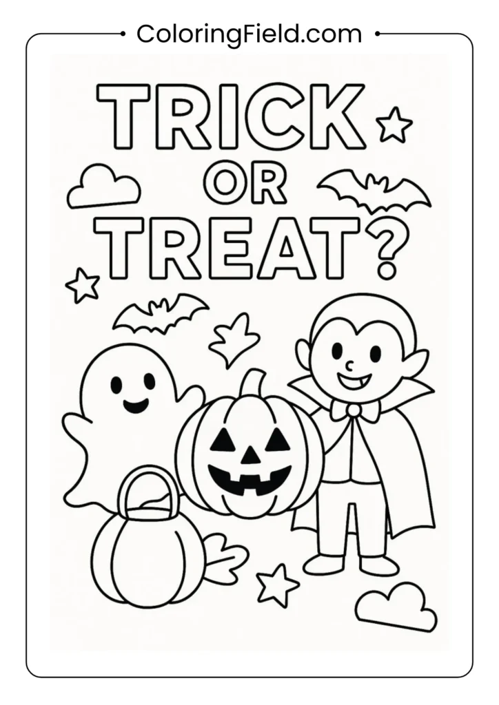 Trick or treat Halloween coloring page featuring kids in costumes, candy buckets, and festive decorations.