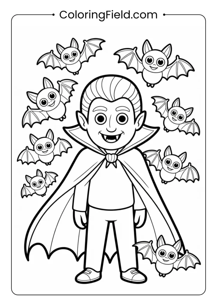 Vampire and bat buddies coloring page featuring a cute vampire character surrounded by friendly bats in a spooky night scene.