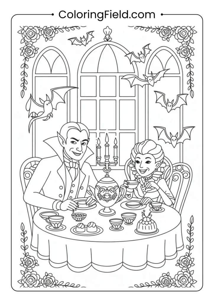Vampire tea time coloring page featuring a charming vampire enjoying tea with bats and spooky Halloween decorations.