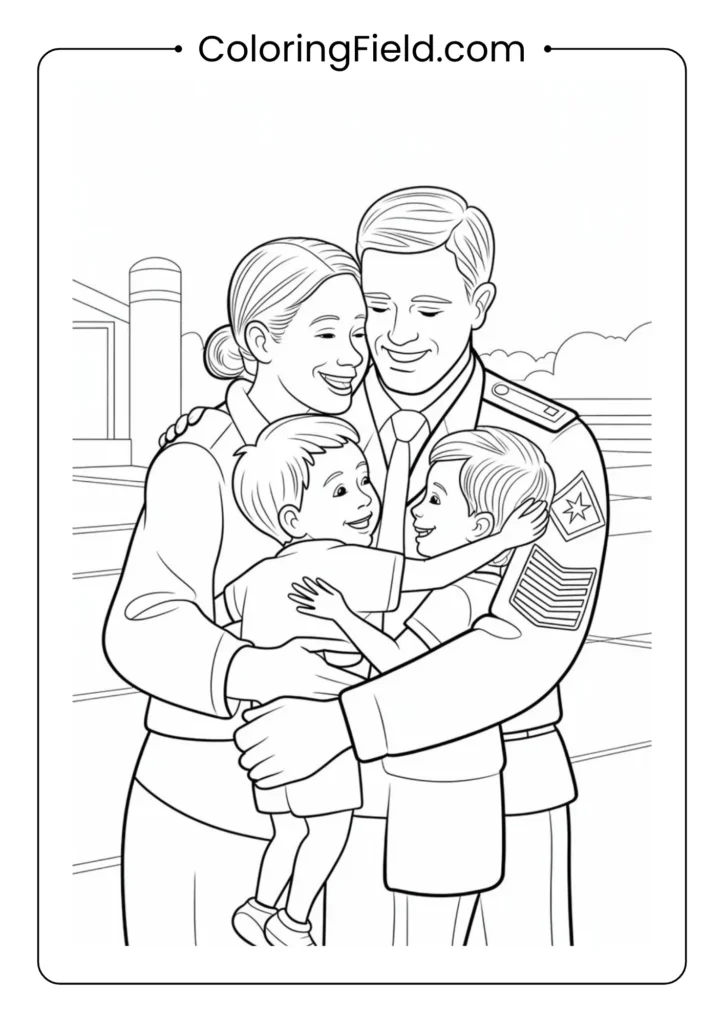 Veteran hugging family at homecoming scene coloring page featuring a joyful reunion with a soldier embracing loved ones at home.