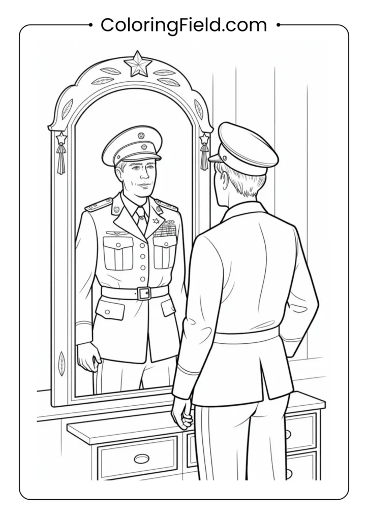 Veteran looking at reflection in the mirror coloring page featuring a service member seeing their uniformed self reflected with a thoughtful expression.