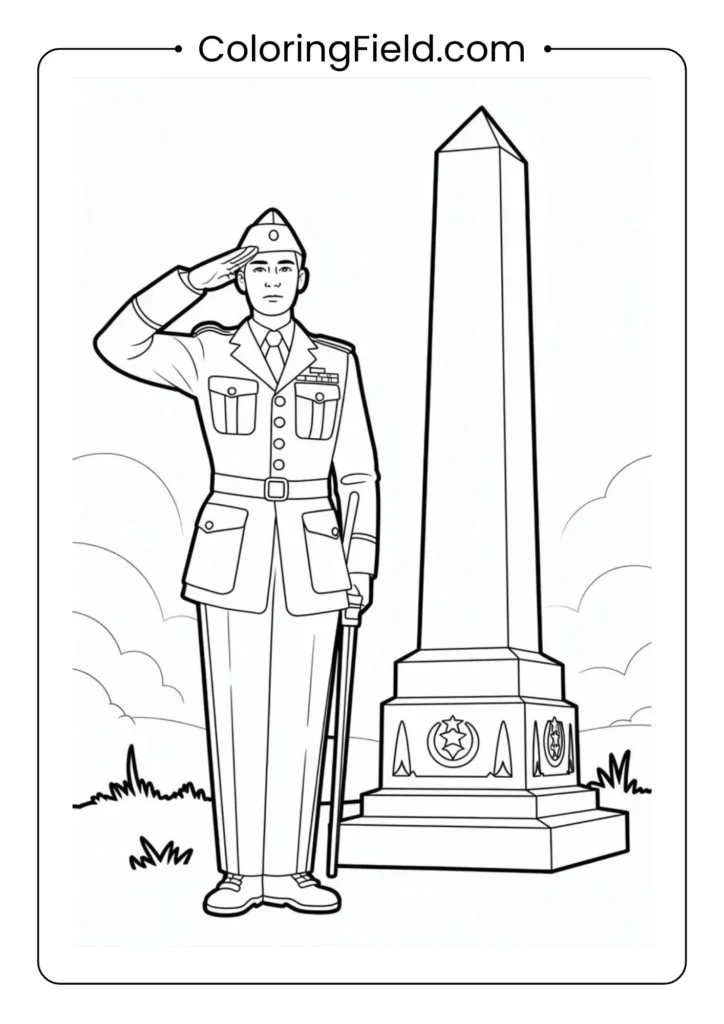 Veteran saluting beside a military monument coloring page featuring a uniformed soldier standing respectfully next to a commemorative structure.