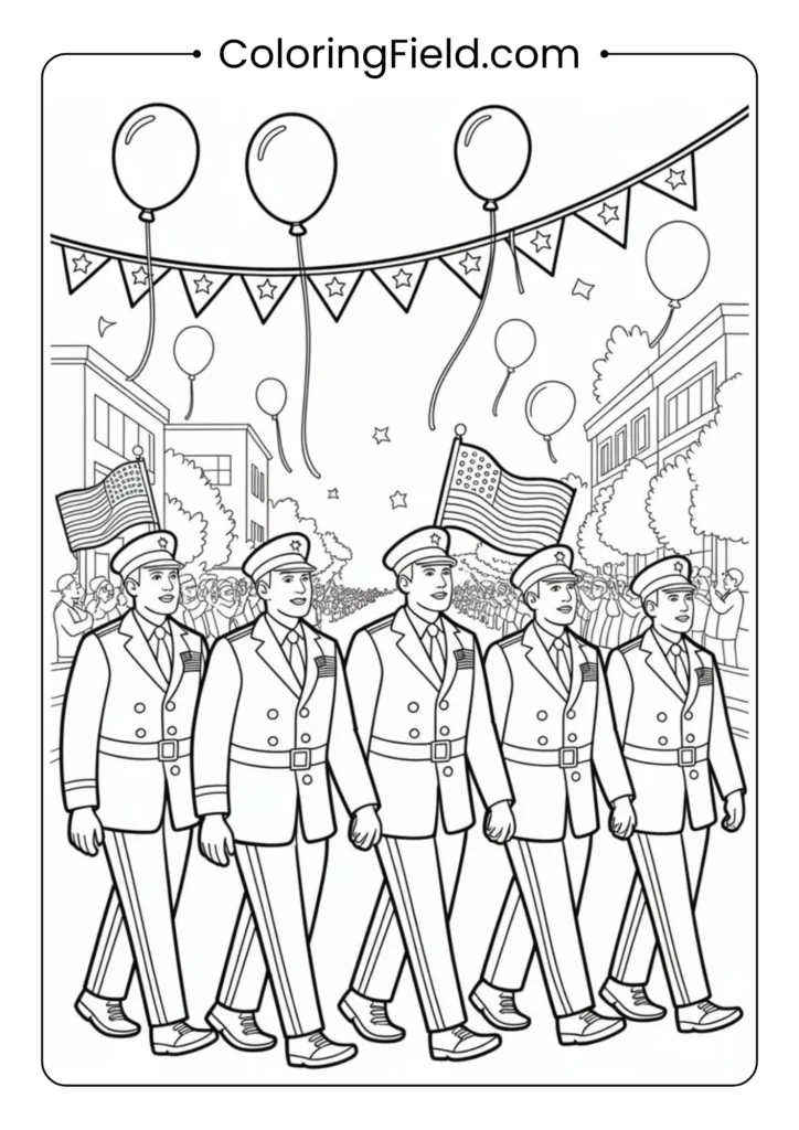 Veterans parade with balloons and banners coloring page featuring marching service members, festive balloons, and patriotic banners lining the street.