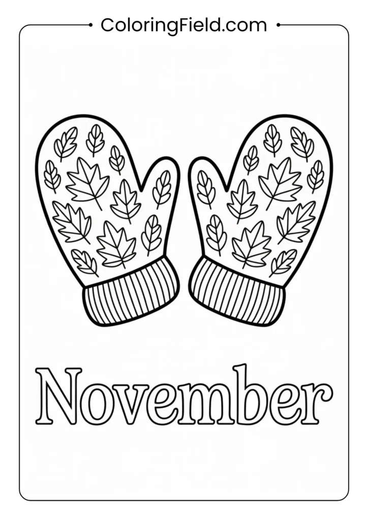 Warm mittens with leaf patterns coloring page featuring a pair of cozy knitted mittens decorated with autumn leaf designs.