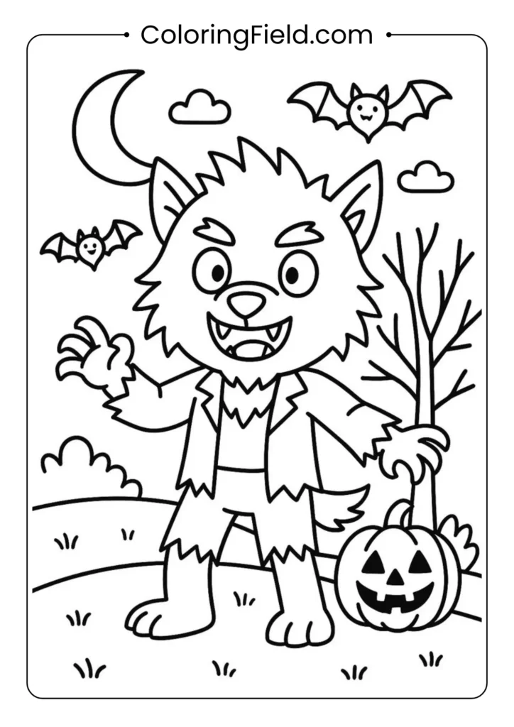 Werewolf monster coloring page featuring a fierce werewolf howling at the moon in a spooky forest setting.