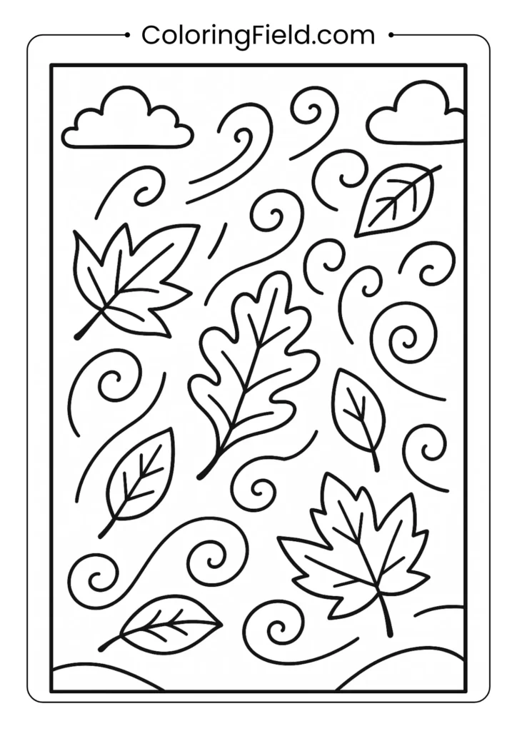 Whirling leaves dance coloring page featuring swirling autumn leaves carried by the wind in a lively fall scene.
