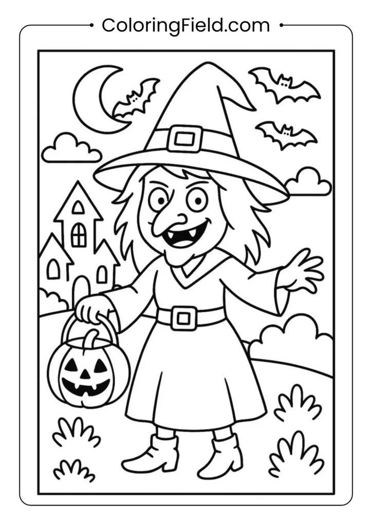 Witch coloring page featuring a classic witch with a pointy hat, broomstick, and magical Halloween background.