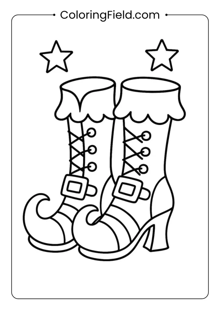 Witches boots coloring page featuring a pair of whimsical pointed boots with striped stockings and spooky Halloween details.