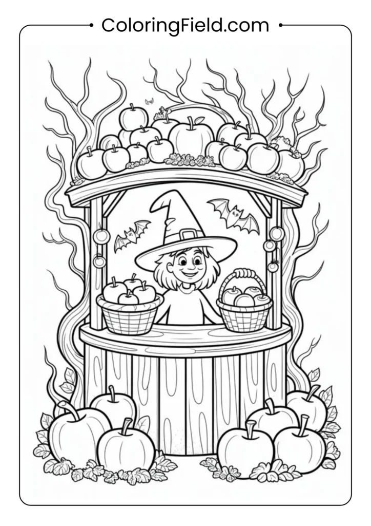 Witch’s apple stand coloring page featuring a friendly witch selling candy apples at a spooky Halloween market.