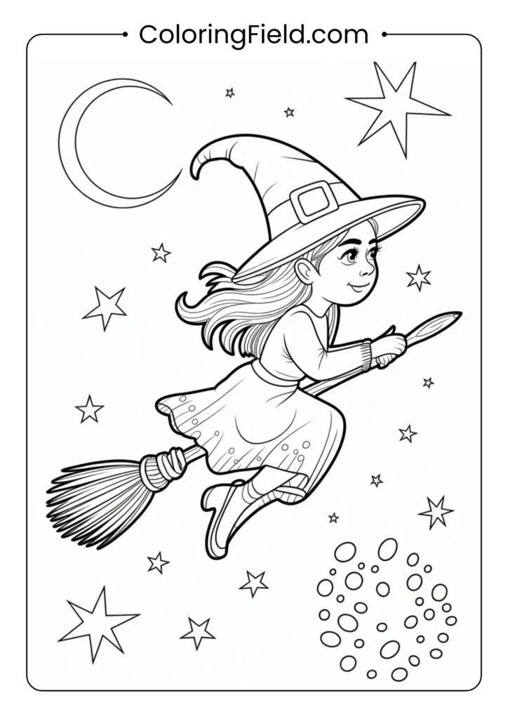 Witch’s night flight coloring page featuring a witch flying on her broomstick across a glowing full moon with bats and stars.