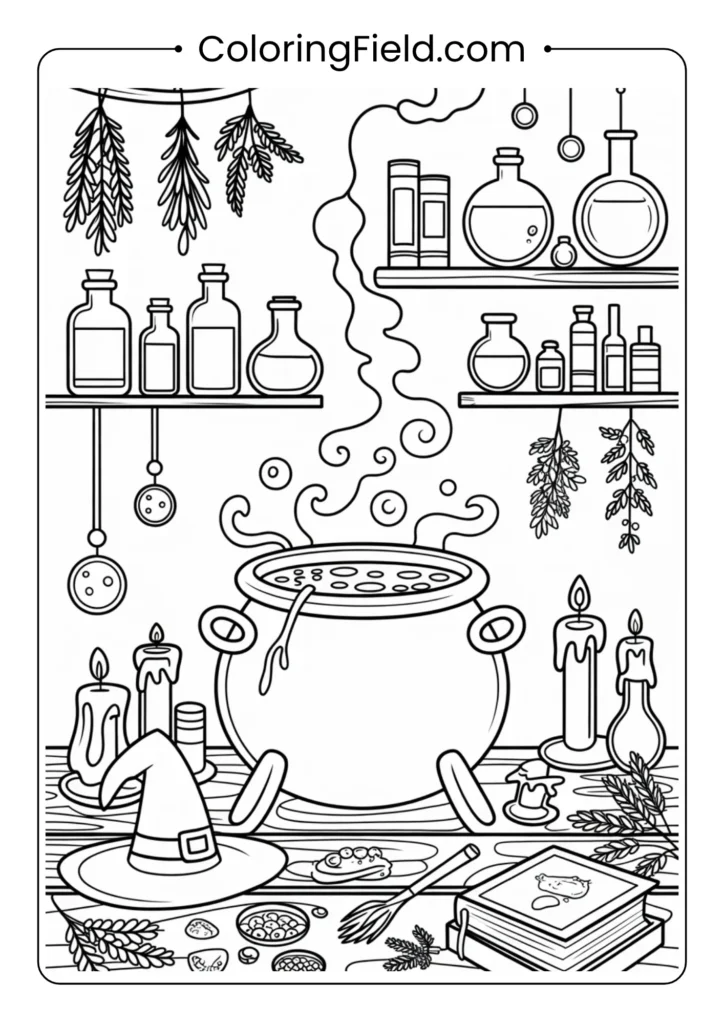 Witch’s potion lab coloring page featuring a magical witch brewing potions surrounded by bottles, cauldrons, and spell books.