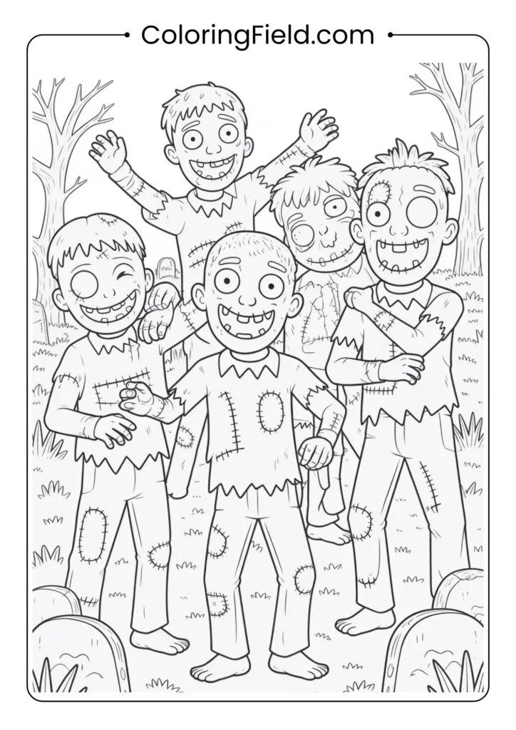 Zombie friends coloring page featuring two friendly cartoon zombies having fun in a lighthearted Halloween scene.