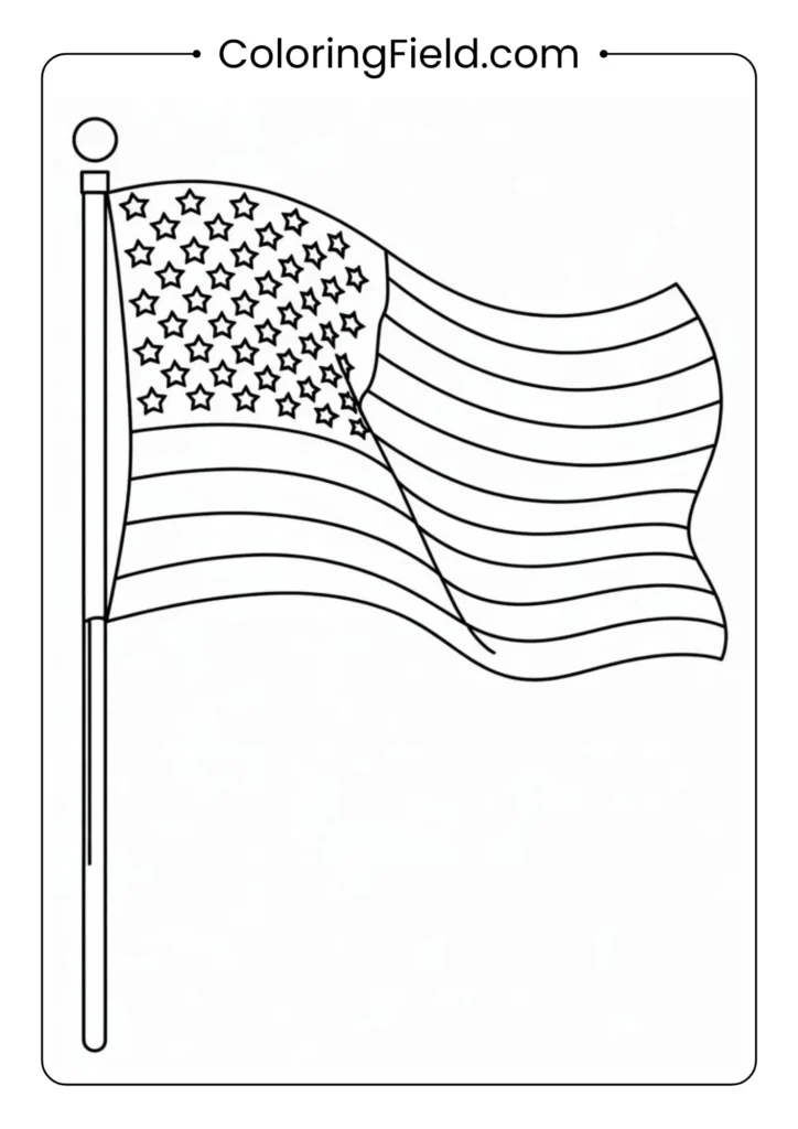 American flag waving in the breeze coloring page featuring a large U.S. flag fluttering on a flagpole with detailed folds and stars.