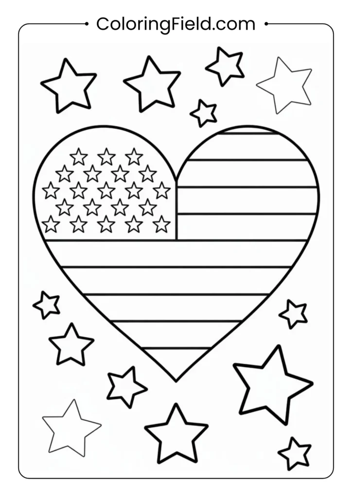 Heart-shaped American flag with stars around it coloring page featuring a patriotic heart design surrounded by decorative stars.