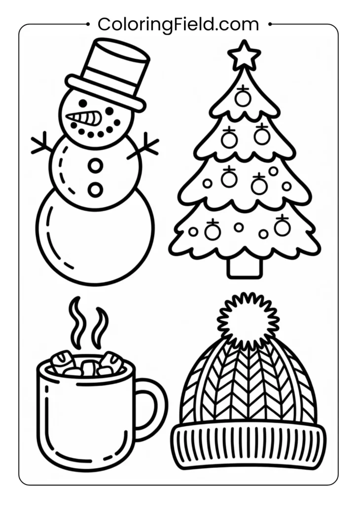 A cozy winter-themed coloring page featuring Christmas elements such as warm sweaters, hot cocoa, ornaments, snowflakes, and festive decorations arranged in a detailed, inviting layout.