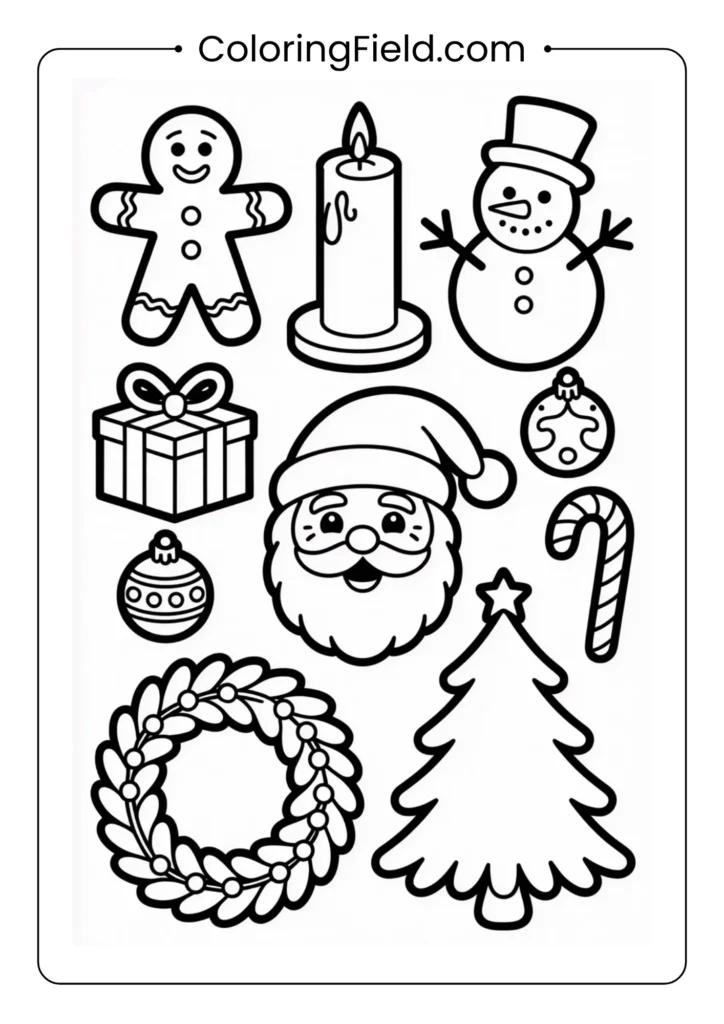 A cute Christmas-themed coloring page featuring holiday elements such as ornaments, gifts, candy canes, stockings, holly, and playful festive icons arranged in a fun, decorative pattern.