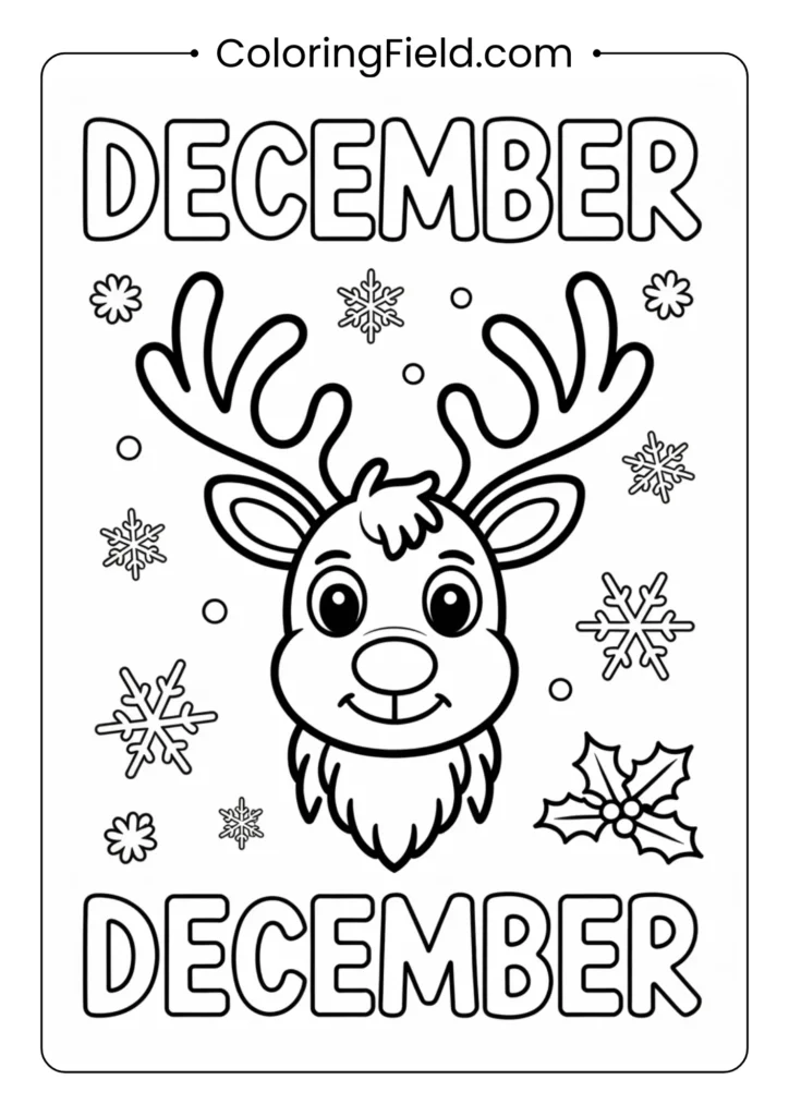 A cute December-themed coloring page featuring playful reindeer wearing scarves and festive accessories, surrounded by snowflakes, presents, and holiday decorations.