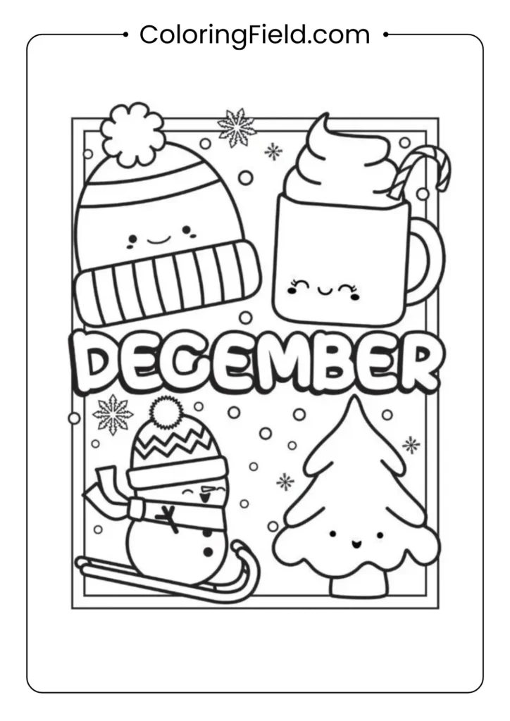A cute kawaii-style December coloring page featuring adorable winter and holiday-themed characters like smiling snowmen, gifts, mittens, hot cocoa, and festive decorations.