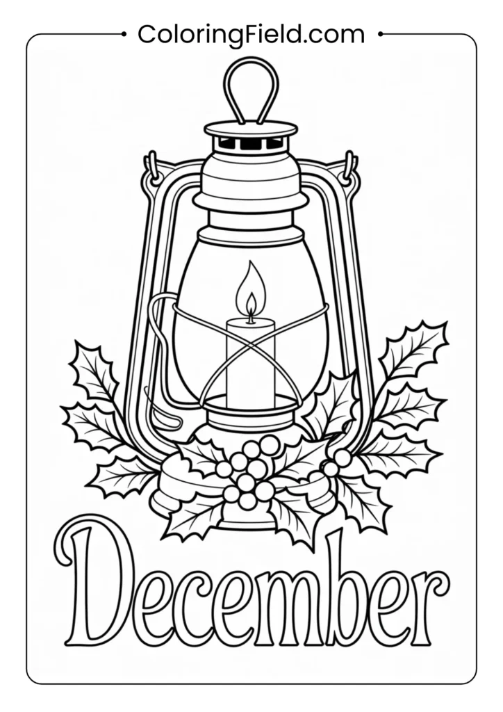 A December-themed coloring page featuring a decorative lantern surrounded by holly leaves, berries, and winter foliage, creating a festive and cozy holiday scene.
