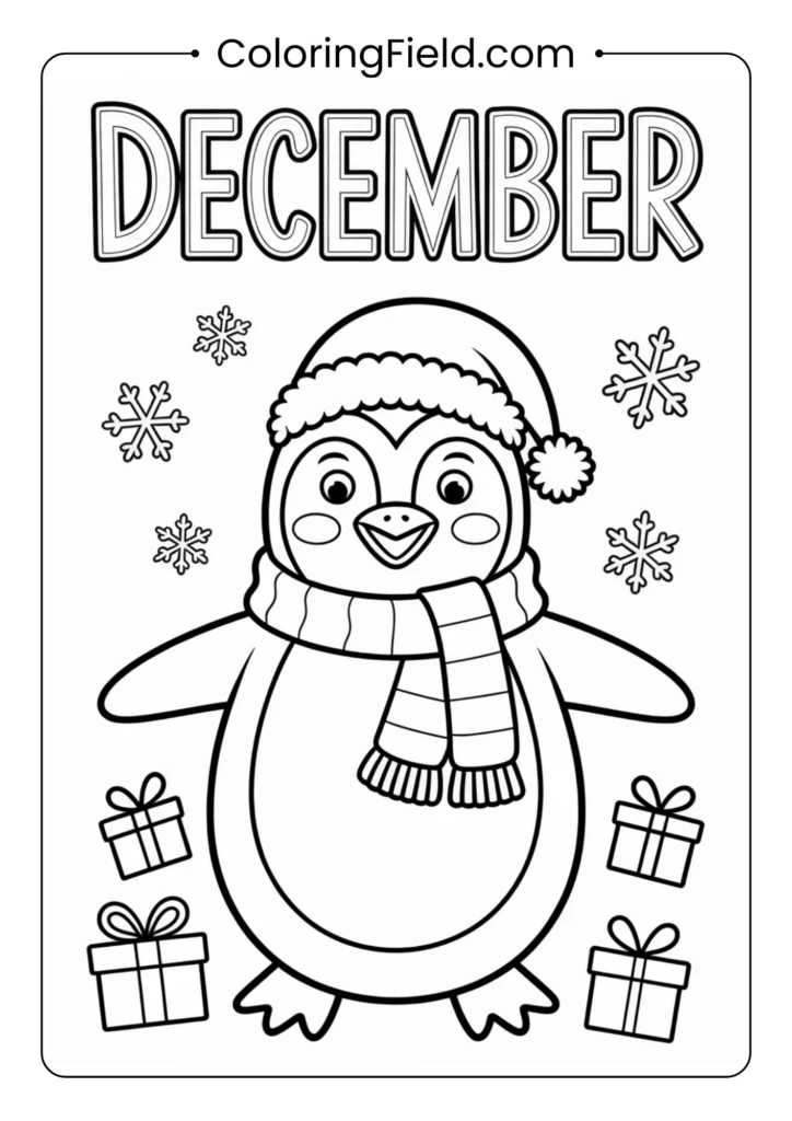 A December-themed coloring page featuring a cute penguin wearing a scarf, surrounded by wrapped gifts, snowflakes, and festive winter decorations.