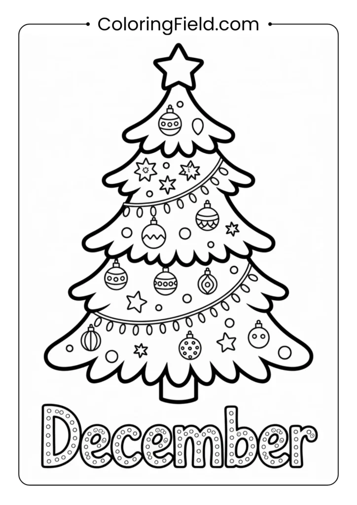 A December-themed coloring page featuring a beautifully decorated Christmas tree adorned with ornaments, lights, garlands, and a star on top, surrounded by gifts and festive decorations.
