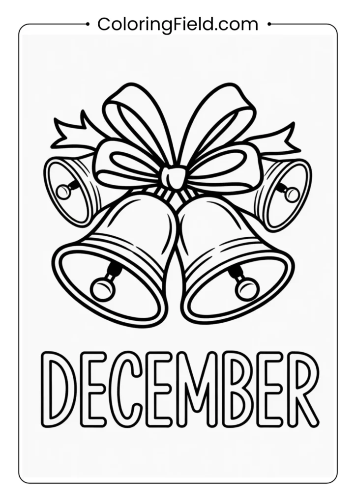 A December-themed coloring page featuring festive bells decorated with ribbons, holly, and winter foliage, arranged in a cheerful holiday design.