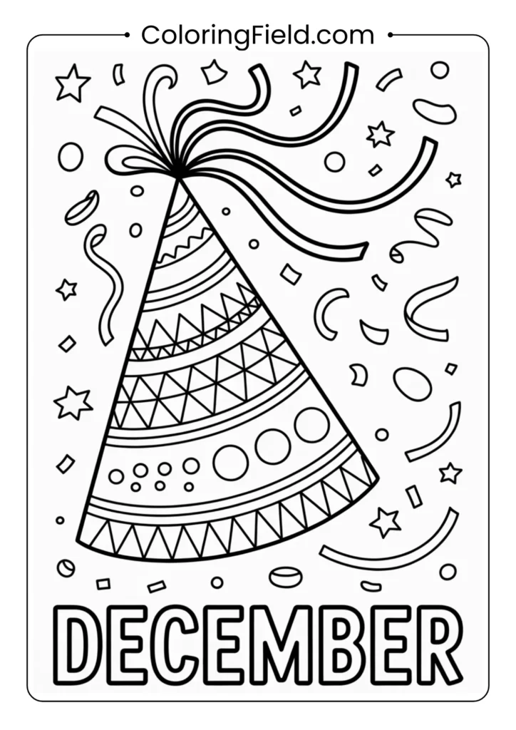 A December-themed coloring page featuring festive party hats decorated with patterns, stars, and holiday motifs, surrounded by confetti and winter elements.