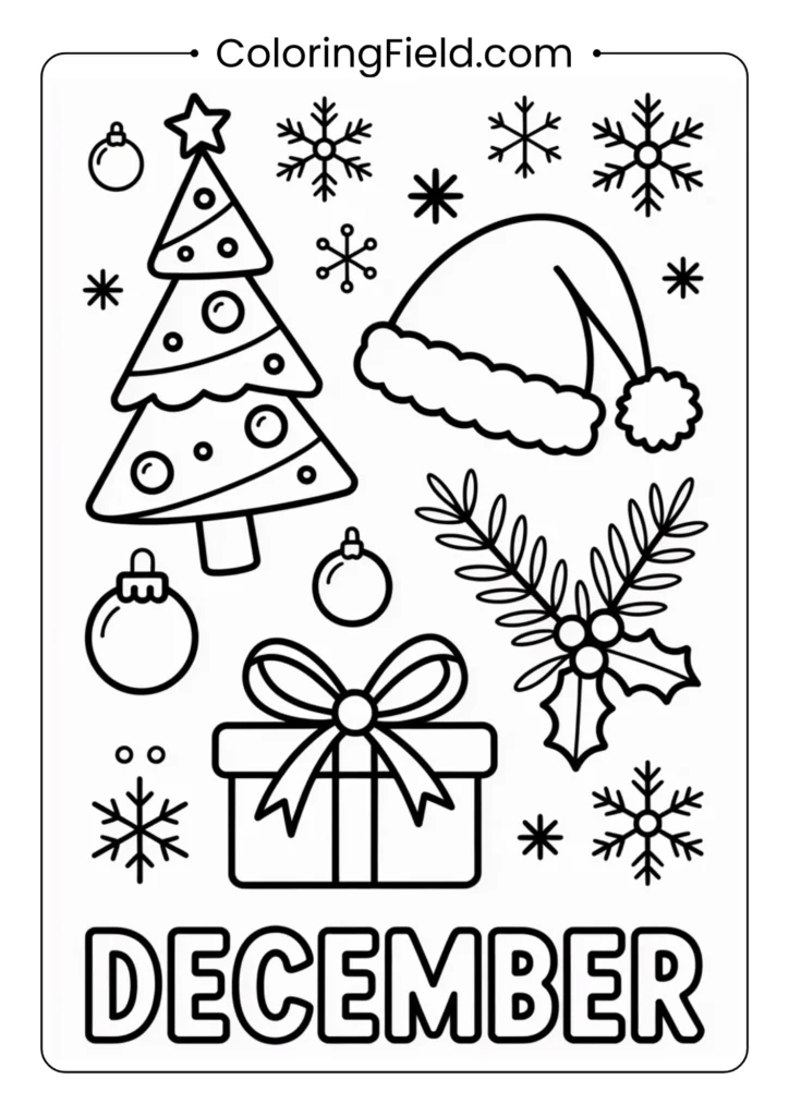 A December and Christmas-themed coloring page featuring festive symbols such as ornaments, candy canes, stockings, holly, snowflakes, gifts, and bells arranged in a decorative pattern.