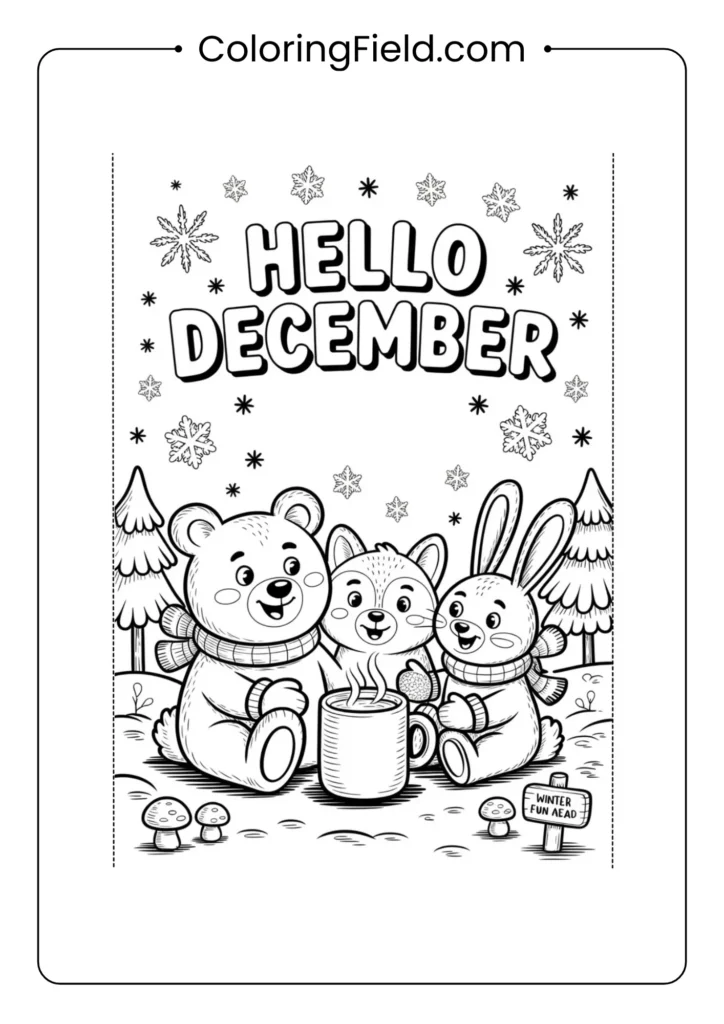 A December-themed coloring page featuring a cute penguin wearing a scarf and hat, waving cheerfully, surrounded by snowflakes and winter decorations.