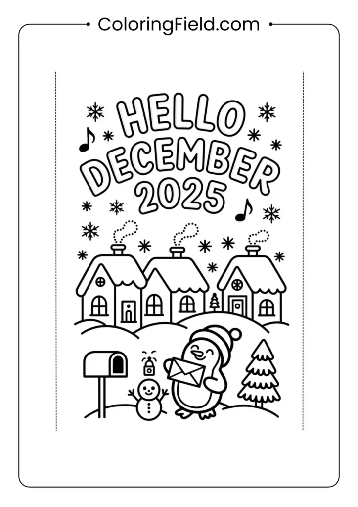 A December-themed coloring page featuring cute winter animals, such as penguins, polar bears, and rabbits, wearing scarves and hats, surrounded by snowflakes and holiday decorations.