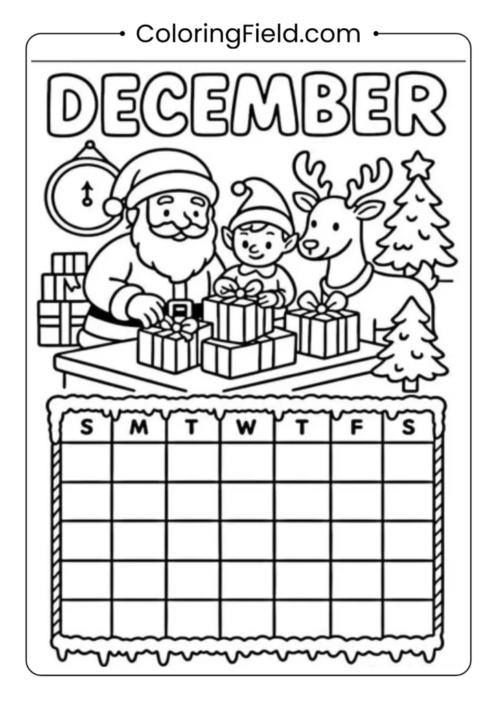 A December calendar-themed coloring page featuring Santa Claus and his friends, including elves and reindeer, surrounded by holiday decorations and festive elements.